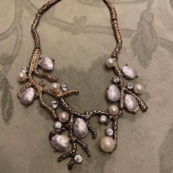 Organic Design of Bronze Tree Branch Faux Pearls & Rhinestone Statement Necklace - Picture 15 of 15